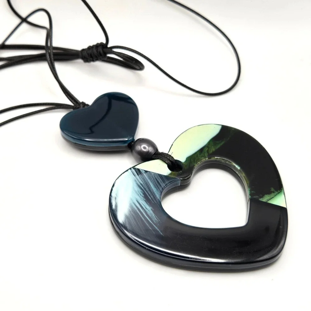 Large Resin Double Heart Pendant Necklace Black Blue Green‎ Adjustable Cord